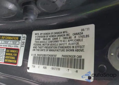 2012 Honda Civic Lx z USA, uszkodzony, nr VIN 2HGFG3B57CH500187